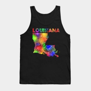 Colorful mandala art map of Louisiana with text in multicolor pattern Tank Top